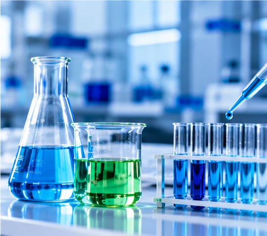 Laboratory glassware and test tubes with colored solutions