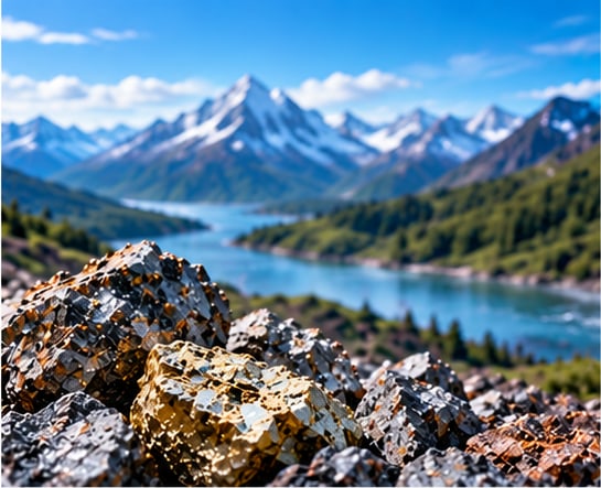 Mineral-rich rocks in front of a mountain lake