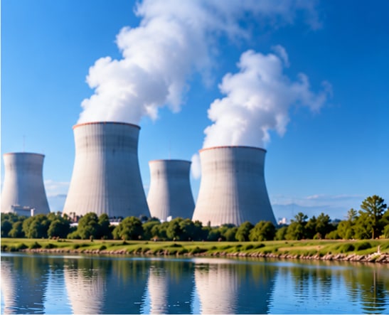Nuclear power plant cooling towers beside a river