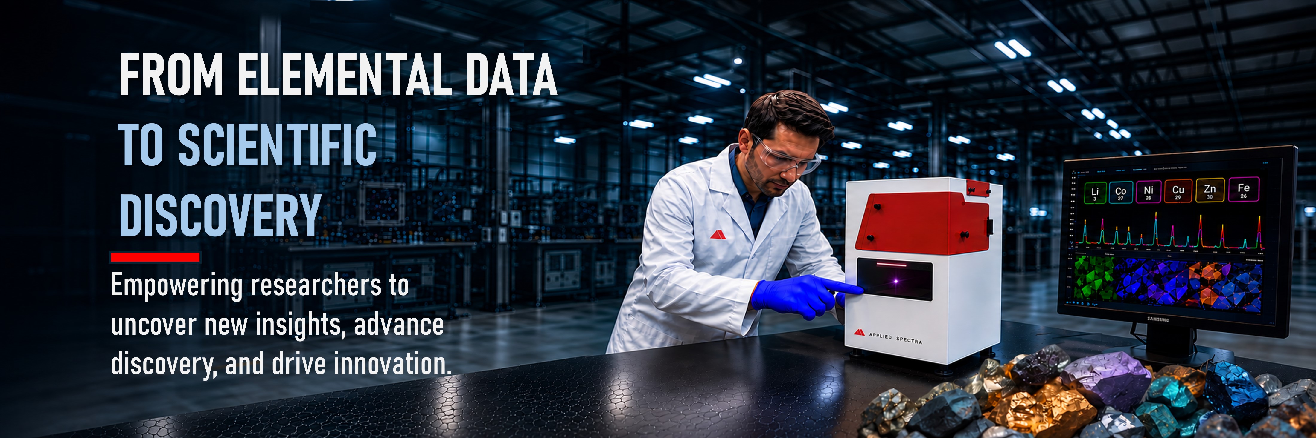From elemental data to scientific discovery — a scientist operating an Applied Spectra instrument alongside elemental analysis on screen.